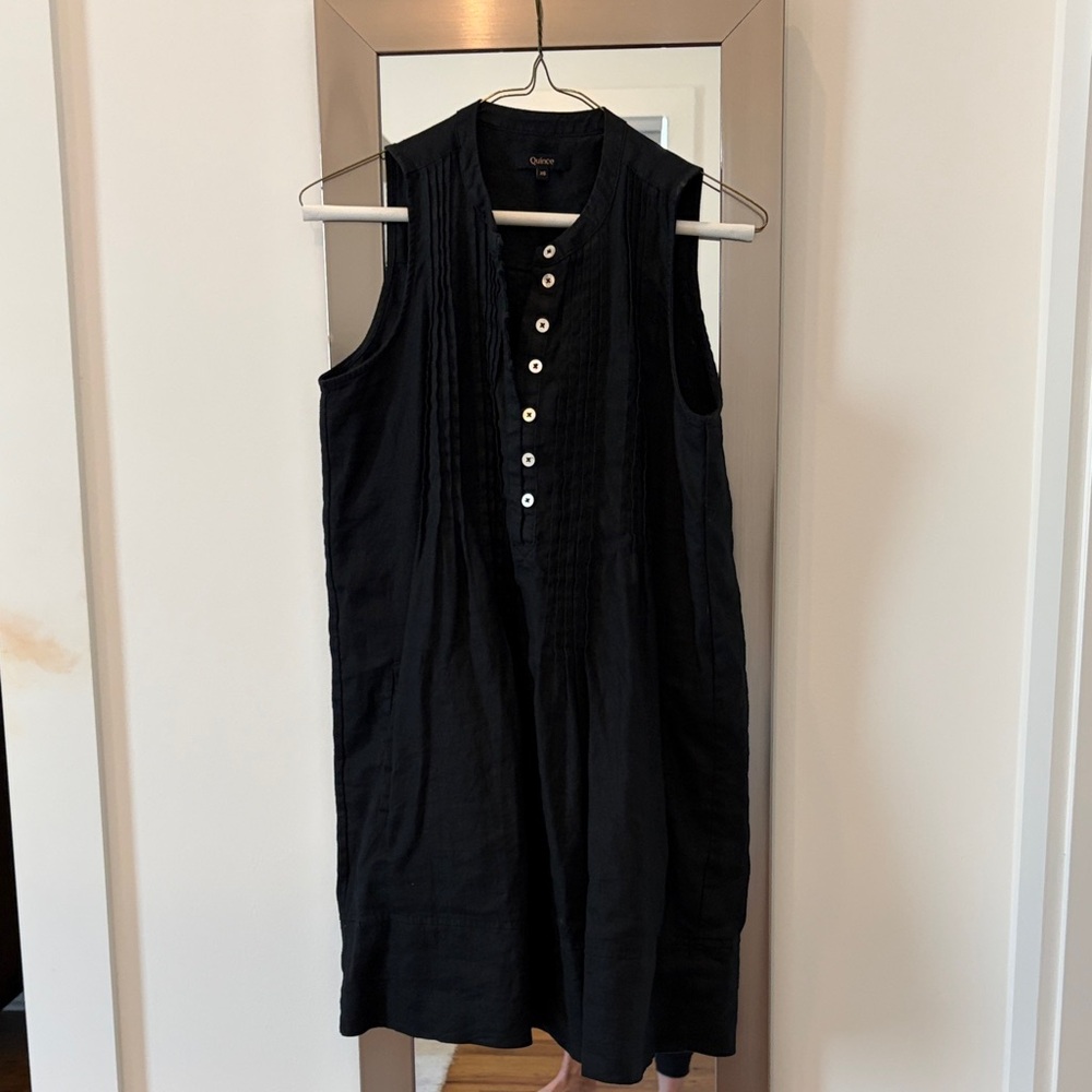 Sleeveless Black Button-Front Linen Dress